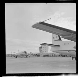 New Zealand National Airways Corporation aeroplanes near the control tower, Dunedin Airport opening