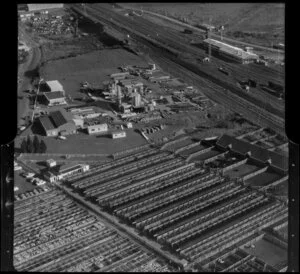Aerial of Westfield saleyards and the diesel locomotive depot, Westfield Railway Yards, Auckland
