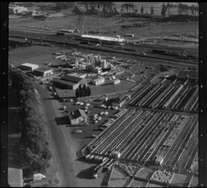 Aerial view of Westfield saleyards and the diesel locomotive depot, Westfield Railway Yards, Auckland