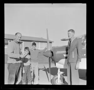 Two unidentified men and two boys, Mid Canterbury Aero Club, Ashburton