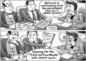"National is outflanking us on the environment. How can I appear greener?" "Showing her the 'preferred Prime Minister' polls doesn't count..." 14 May, 2007