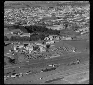 Aerial view of the diesel locomotive depot, Westfield Railway Yards, Auckland