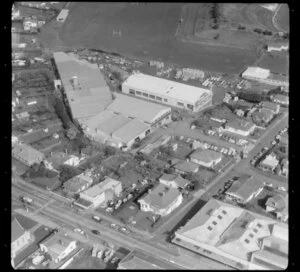 Great South Road, south of Otahuhu, with the Otahuhu Methodist Church in the bottom corner, Auckland