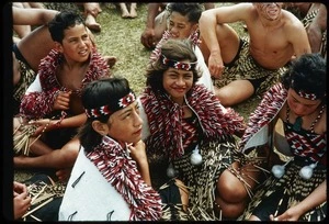 Young kapa haka members relaxing during Queen Elizabeth II's visit to Waitangi