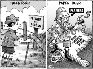 Paper road, private no access. Paper tiger, farmers. Govt 'Queen's chain' plans. 9 March, 2007.
