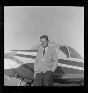 Mr R Manhire, winner of the Air Race, Canterbury Air Exposition