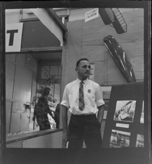 Mr Woodhall of the Aviation Historical Society of New Zealand, at Canterbury Air Exposition