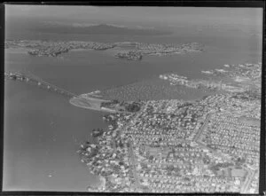 General view of Auckland with Harbour Bridge, Westhaven marina and North Shore with Rangitoto