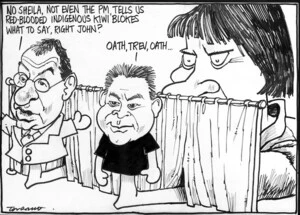 Scott, Thomas, 1947- :'No sheila, not even the PM, tells us red-blooded indigenous kiwi blokes what to say, right John?' 'Oath, Trev, oath...' The Dominion Post, 2 August 2004.