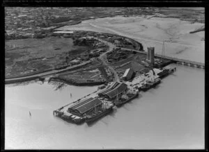 Onehunga Wharf and cement silos, Manukau harbour