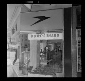 Travel Booking Agency with sign advertising BOAC-Cunard (British Overseas Airways Corporation)