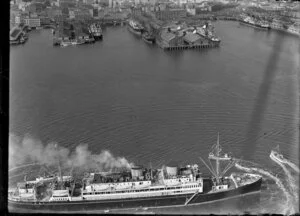 Ship, Wanganella, entering Auckland Harbour