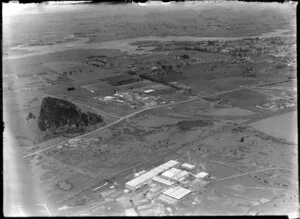 Southdown factories, Auckland, including Freezing Works and Taniwha soap manufacturers, shows Great South Road and Hamlins Hill