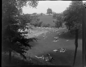 People picnicking Judges Bay beach, Parnell, Auckland