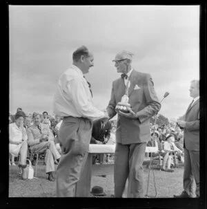 Trophy presentation at the Royal New Zealand Aero Club pageant, Ardmore