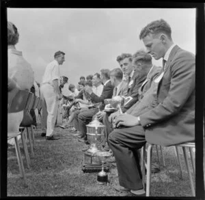 Trophy presentation at the Royal New Zealand Aero Club pageant, Ardmore