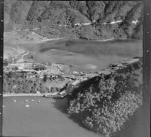 Picton, Marlborough District, featuring freezing works and Shakespeare Bay