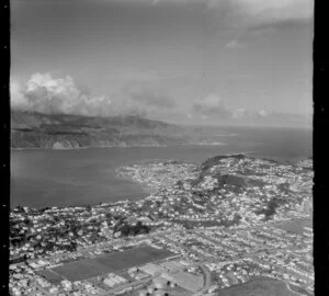 Miramar Peninsula, Wellington, featuring suburbs Miramar and Seatoun with Pencarrow Head in the background