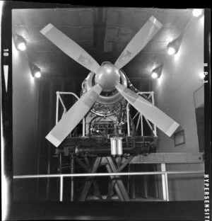 Propellor and engine of aeroplane under construction, National Airways Corporation (NAC) Press forum, Christchurch