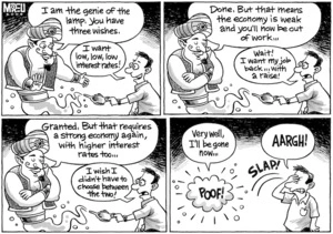 "I am the genie of the lamp, you have three wishes." "I want low, low, low interest rates!" "Done, but that means the economy is weak and you'll now be out of work..." "Wait! I want my job back... with a raise!" "Granted, but that requires a strong economy again, with higher interest rates too..." "I wish I didn't have to choose between the two!" "Very well, I'll be gone now..." 'POOF!' 'SLAP!' "Aargh!" 25 January, 2008