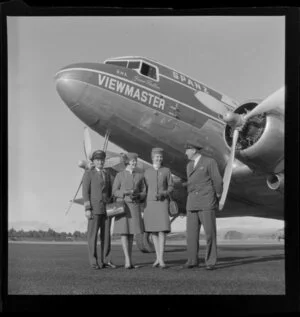 Air crew at nose of Viewmaster aeroplane, Taupo Aerodrome test, South Pacific Airlines of New Zealand (SPANZ)