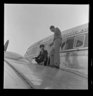 Checking the wing, Taupo Aerodrome test, South Pacific Airlines of New Zealand (SPANZ)