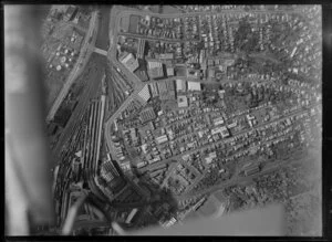 Parnell, Auckland, from high above, with Parnell Rise and Auckland rail yards and Railway Station at top right
