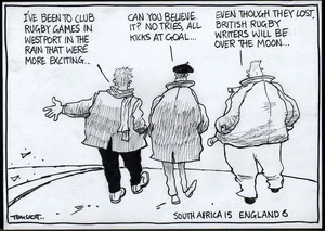 South Africa 15, England 6. "I've been to club rugby games Westport in the rain that were more exciting..." "Can you believe it? No tries, all kicks at goal..." "Even though they lost, British rugby writers will be over the moon..." 22 October, 2007