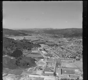 Upper Hutt, looking south, featuring industrial area, Wallaceville in foreground, Trentham Racecourse in background