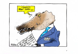 Air New Zealand management depicted as a crocodile saying "Sniff. Truly sorry" while holding a paper that reads 'Air NZ does work for Saudi military that fails 'sniff test''.