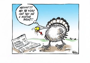 A turkey reads a newspaper with the headline 'Quitting smokers prefer cold turkey' and asks, "Can't they use a nicotine patch?!!"