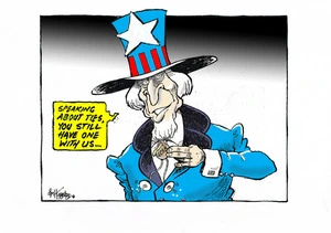 Uncle Sam wearing a neck tie in the shape of a kiwi labelled 'GCSB' says, "Speaking about ties, you still have one with us".