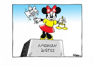 Lady Justice depicted as Minnie Mouse standing on a pedestal labelled 'American Justice' while skewering a sign reading 'Trump Impeachment'.