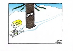 A skiing kiwi thinks "Yo Waitangi Day Holiday!" whilst avoiding a tree labelled 'Covid'.