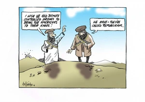 One militant says, "I wish we had remote controlled drones to bring the Americans to their knees!" The other replies, "We have - they're called republicans".