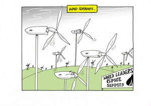 Wind turbines depicted with human faces next to a sign reading 'World leaders climate summits'.