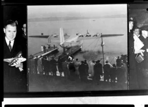 Composite photograph, the central image of the TEAL aeroplane Aotearoa leaving the pontoon, Mechanics Bay, 30 April 1940 to inaugurate the trans Tasman air service