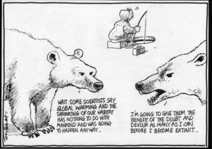 "Wait. Some scientists say global warming and the shrinking of our habitat has nothing to do with mankind and was going to happen anyway..." "I'm going to give them the benefit of the doubt and devour as many as I can before I become extinct." 10 May, 2005.