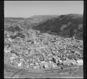 Thorndon, Wellington, area from Parliament Buildings to Grant Road, Kelburn and Northland in background, railway yards and workshops in foreground