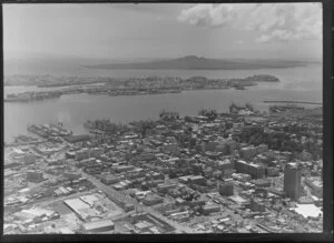 Auckland wharfes and Waitemata Harbour, with Rangitoto on the skyline