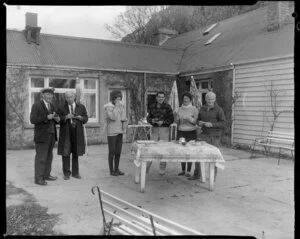 Group having tea at Frederick John Lucas's home (Popeye Lucas), Queenstown