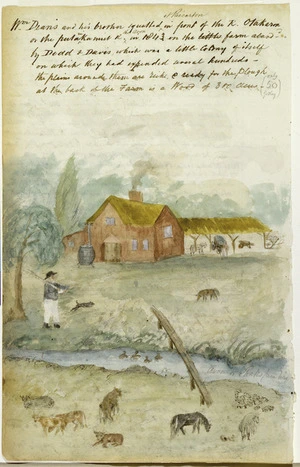 Artist unknown :William Deans and his brother squatted at Riccarton in front of the R[iver] Otakaroa or the Putaukanuit [?] R[iver], the Avon, in 1843 on the farm abandoned by Dodd & Davis, which was a little colony of itself on which they had expended several hundred - the plains around them are rich and ready for the plough at the back of the farm is a wood of 300 acres (only 50 - Godley). [Between 1844 and 1851?]