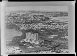 Artist's montage on copy of proposed North Shore Hospital site for Haughey & Fox architects