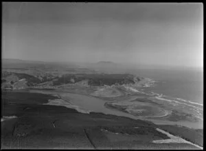 Port Waikato, Waikato River mouth and Waiuku Forest in foreground