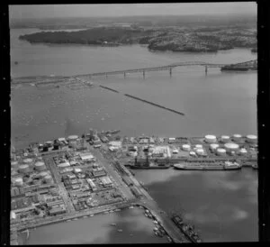 Auckland Harbour Bridge, Westhaven Marina (centre) with Tank Farm and wharves in foreground