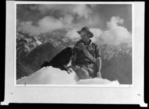Frank Clark with his dog at Fox Glacier, West Coast Region