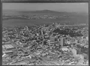 Auckland central city area with Rangitoto in background