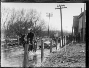 Horse drawing a motor car along a flooded street, Mercer, Waikato River