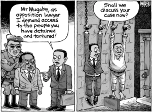 "Mr Mugabe, as opposition lawyer, I demand access to the people you have detained and tortured!" "Shall we discuss your case now?" 15 March, 2007.