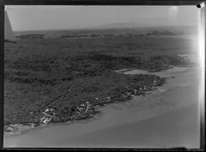 Southern side of Rangitoto Island, with road and baches, and showing main wharf